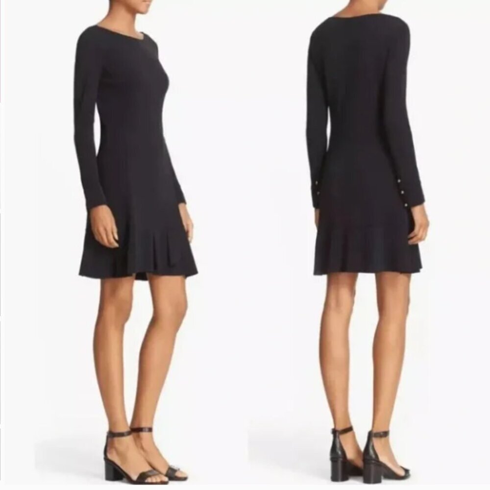 Tory Burch Foster Ruffle Hem‎ Shift Dress Long Sleeve Black Size Medium